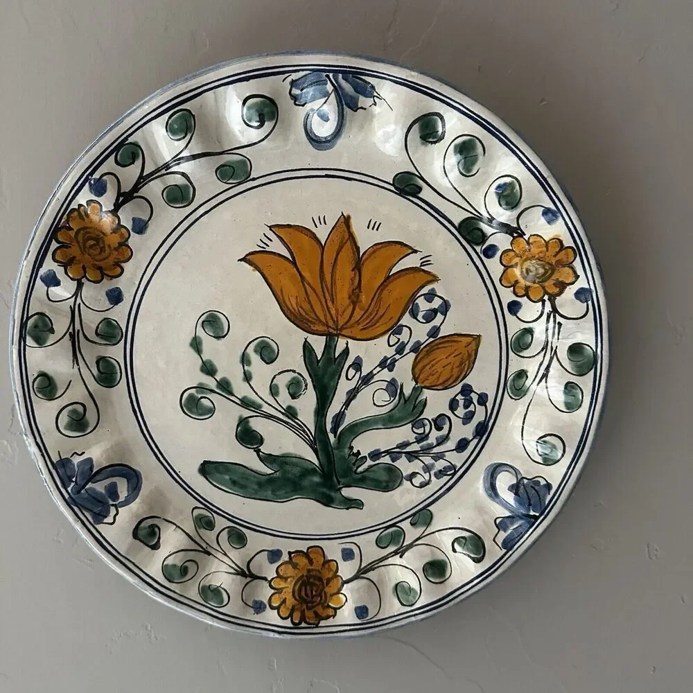 (2) Provence France Hand Painted Porcelain Floral Wall Plate Wave Edging